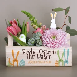 Geschenkkorb & Pflanzkorb 'Frohe Ostern ihr Hasen' personalisiert mit Wunschtext | 3 Varianten