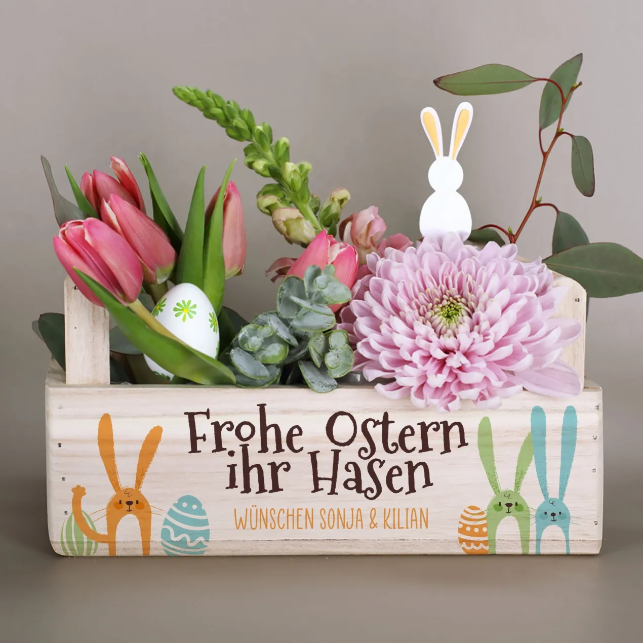 Geschenkkorb & Pflanzkorb 'Frohe Ostern ihr Hasen' personalisiert mit Wunschtext | 3 Varianten