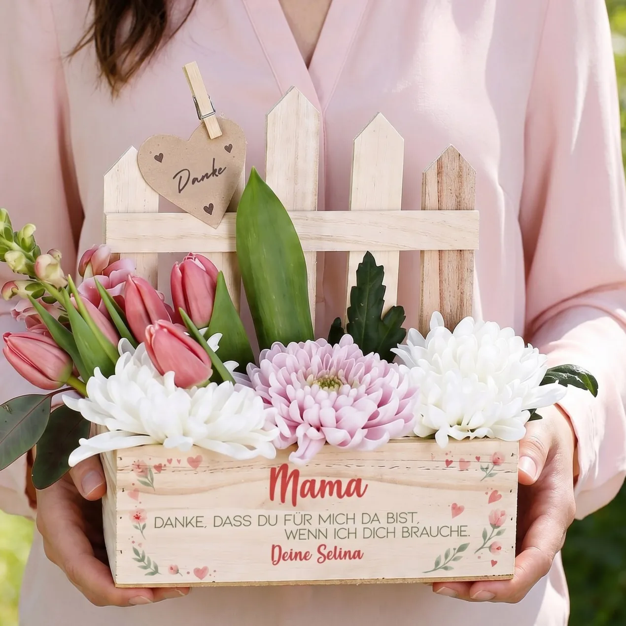 Geschenkkorb & Pflanzkorb mit Zaun zum Muttertag personalisiert mit Name & Text | Dankeschön Geschenk