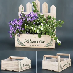 Geschenkkorb & Pflanzkorb zur Hochzeit | Personalisierter Korb aus Holz als Hochzeitsgeschenk | Eukalyptus