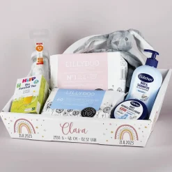 Geschenkkorb - Regenbogen - zur Geburt in rosa oder blau, wahlweise mit Füllung