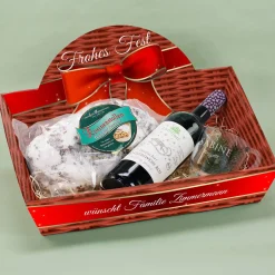 Geschenkkorb - Schleife - mit Glühwein, Stollen und graviertem Glas