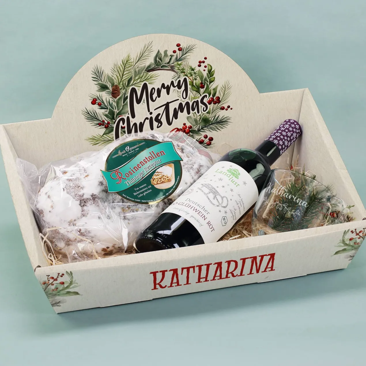 Geschenkkorb - Weihnachtskranz - mit Glühwein, Stollen und graviertem Glas