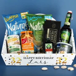 Geschenkkorb zum Geburtstag mit Name und Alter bedruckt - wahlweise gefüllt