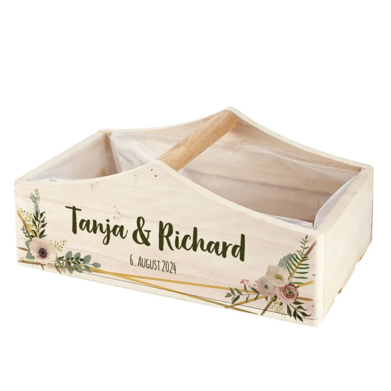 Geschenkkorb zur Hochzeit mit Namen, Datum & Blüten