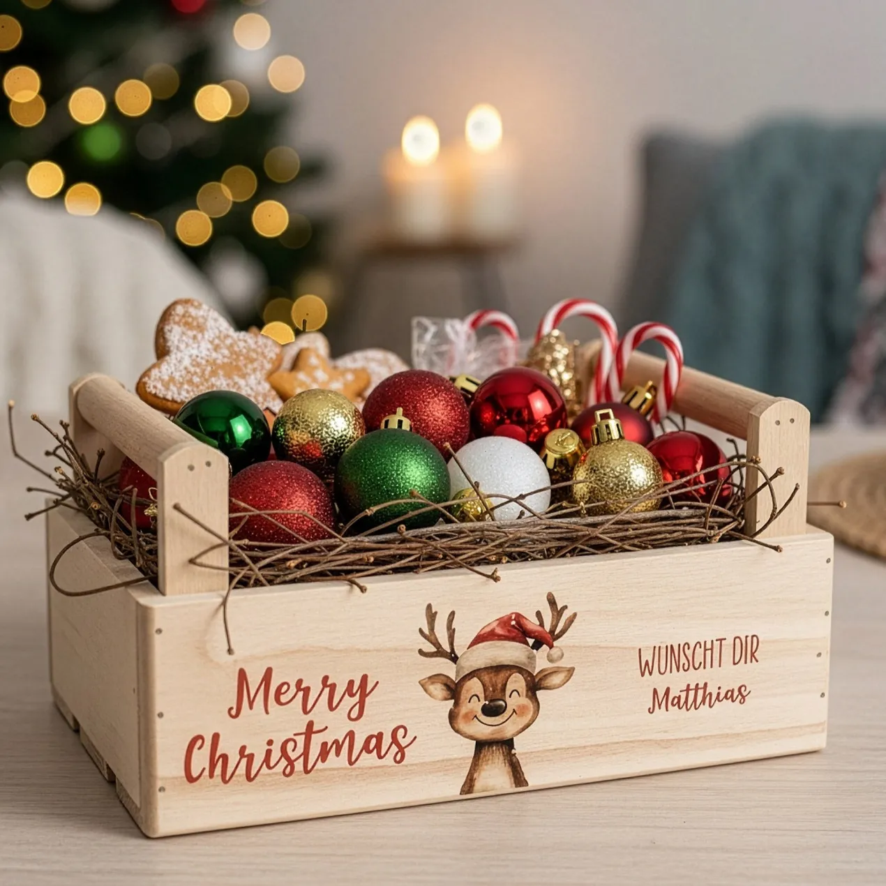 Geschenkkorb zu Weihnachten mit Rentier-Motiv personalisiert mit Wunschtext | Pflanzkiste aus Holz