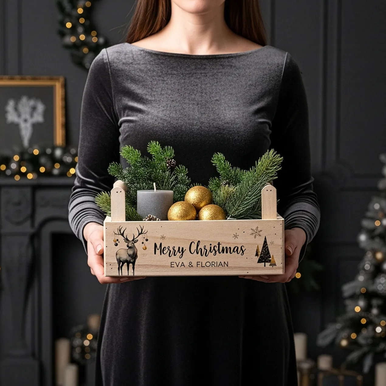 Geschenkkorb zu Weihnachten mit Hirschmotiv - personalisiert mit Wunschtext | Pflanzkiste aus Holz