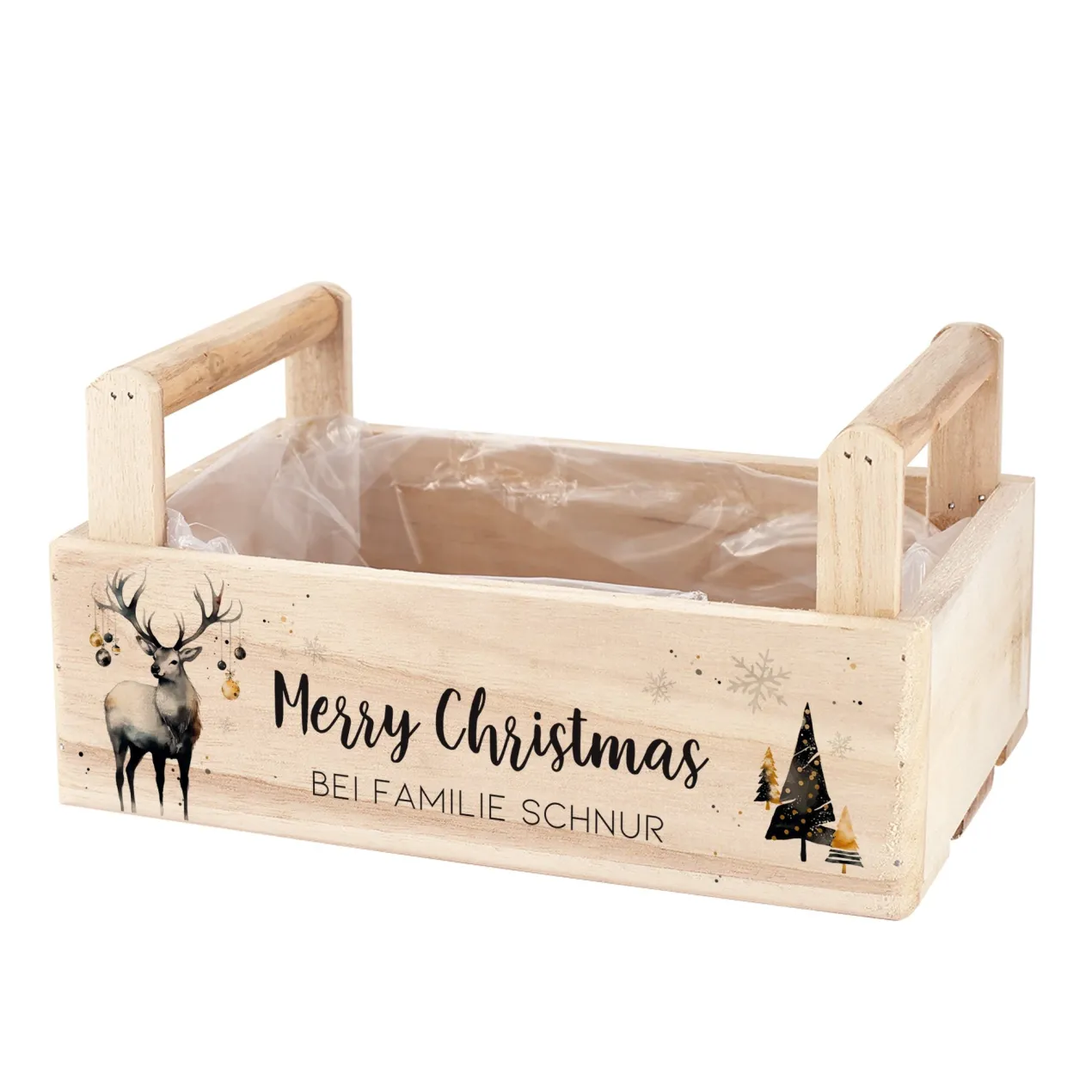 Geschenkkorb zu Weihnachten mit Hirschmotiv - personalisiert mit Wunschtext | Pflanzkiste aus Holz