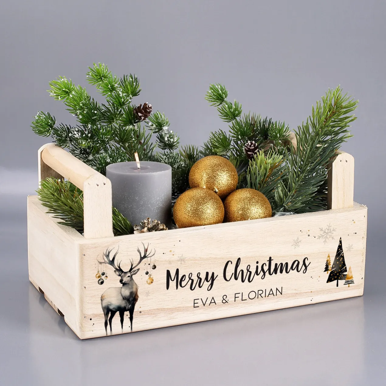 Geschenkkorb zu Weihnachten mit Hirschmotiv - personalisiert mit Wunschtext | Pflanzkiste aus Holz