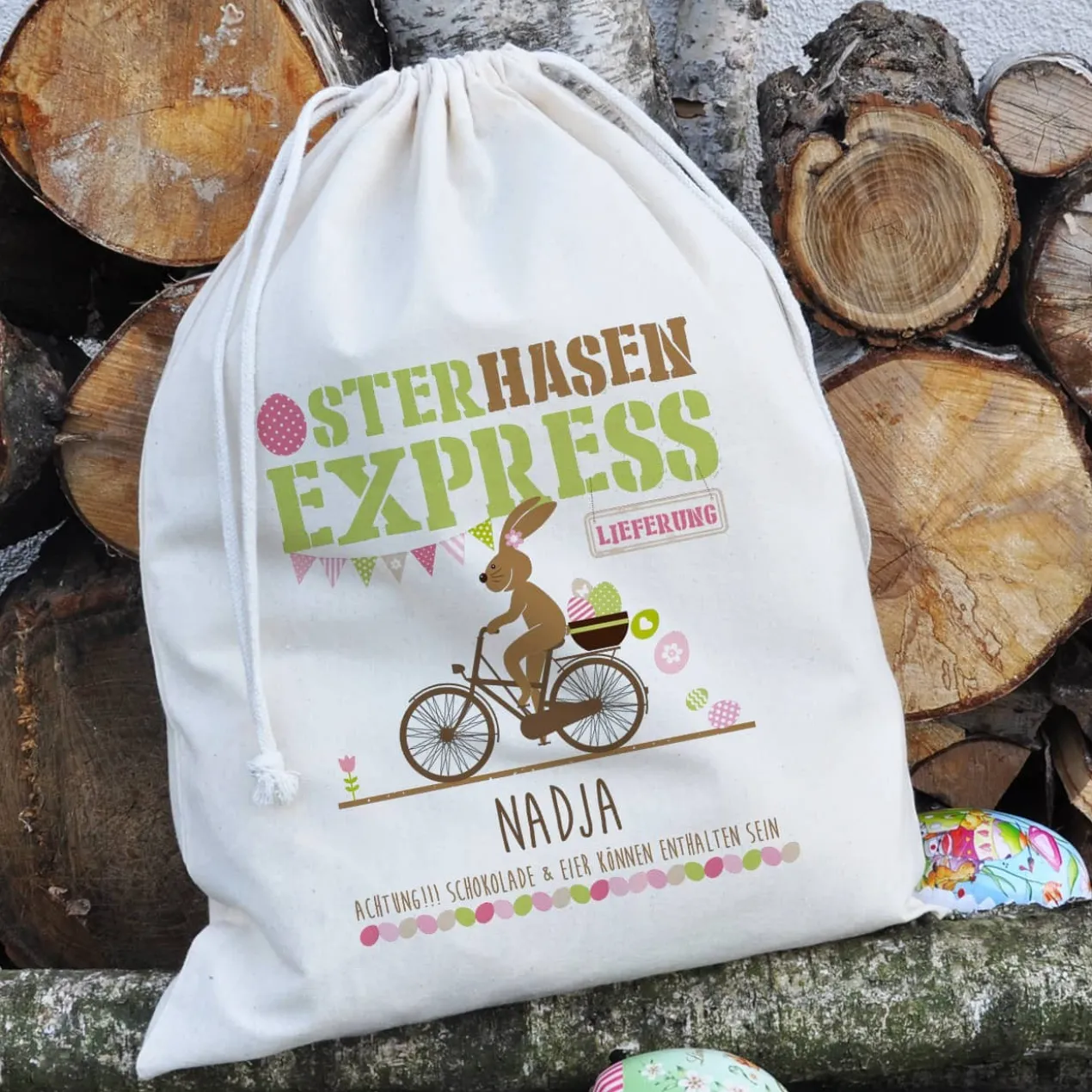 Geschenksack vom Osterhasen-Express mit Ihrem Namen bedruckt, 40 x 50 cm