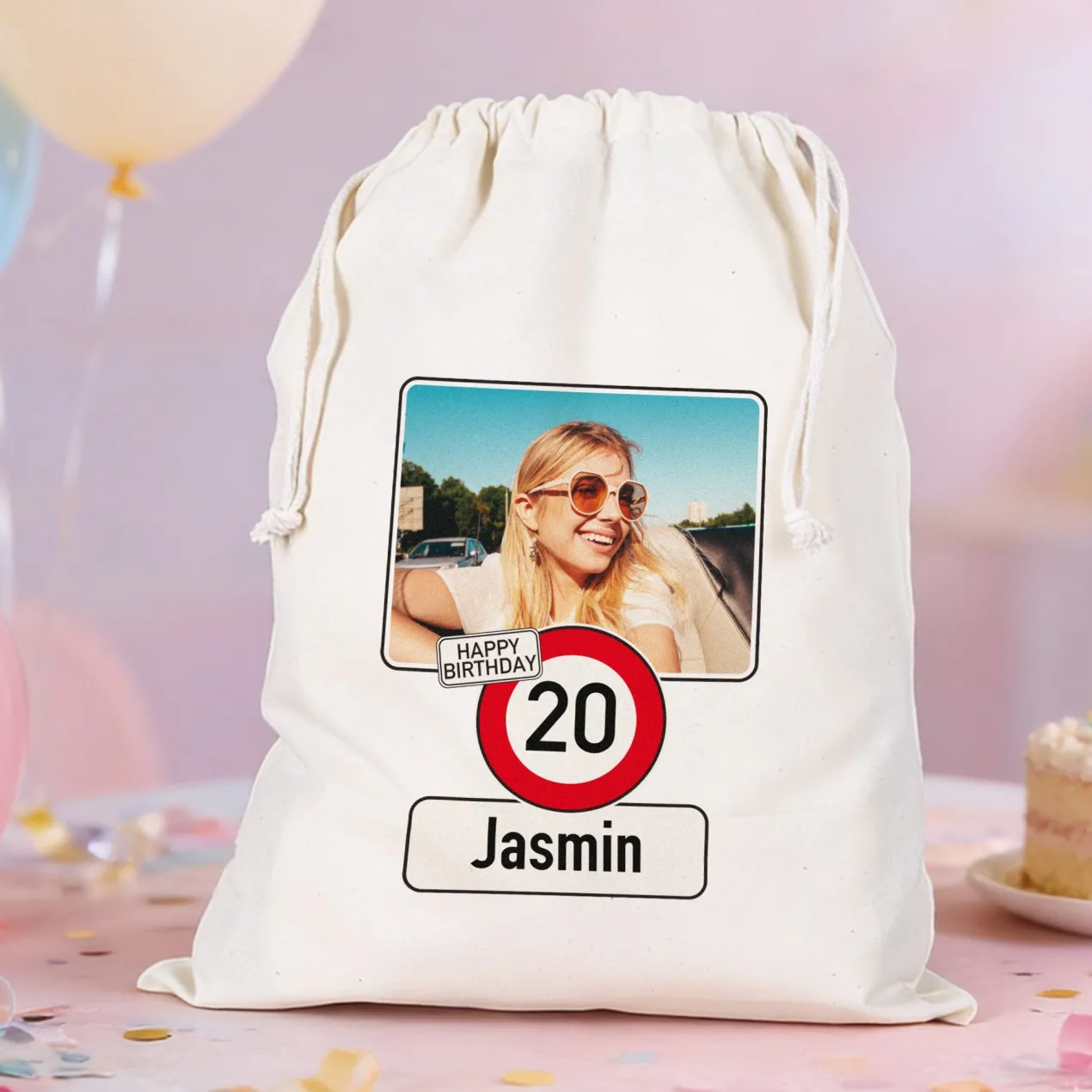 Geschenksack zum Geburtstag personalisiert mit Foto, Name & Alter | Verkehrszeichen Motiv