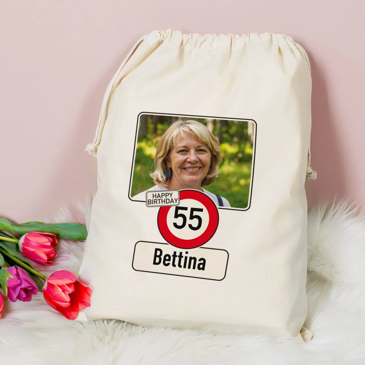 Geschenksack zum Geburtstag personalisiert mit Foto, Name & Alter | Verkehrszeichen Motiv