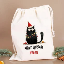 Geschenksack zu Weihnachten personalisiert mit Name | Katzen-Motiv | 3 Größen