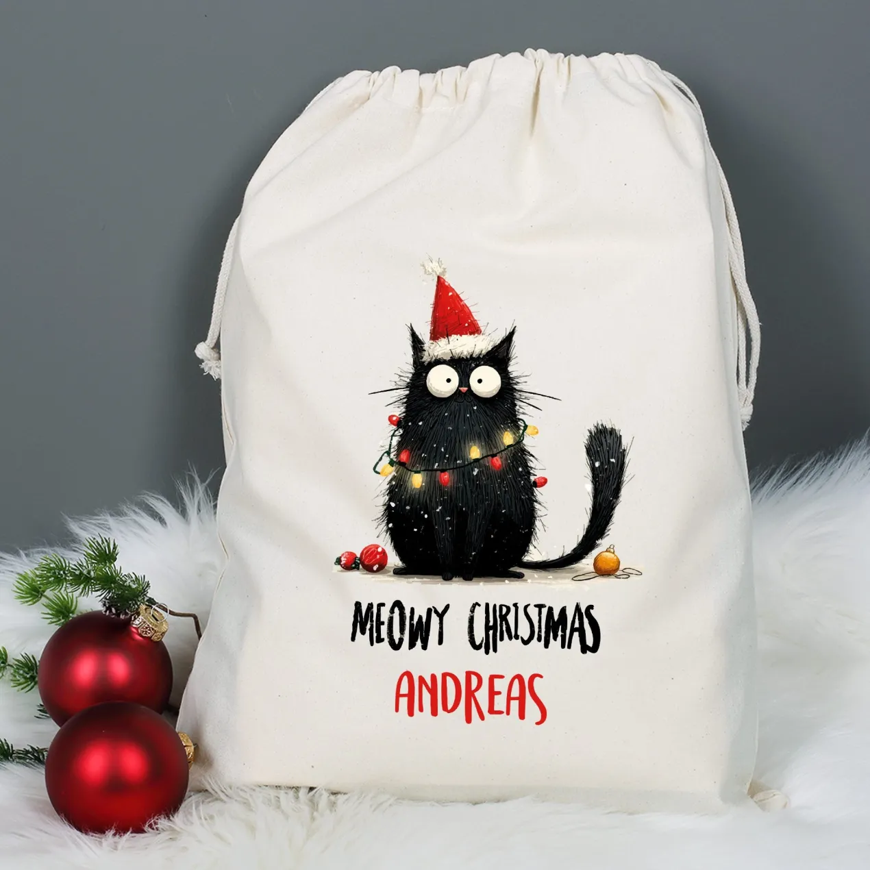 Geschenksack zu Weihnachten personalisiert mit Name | Katzen-Motiv | 3 Größen