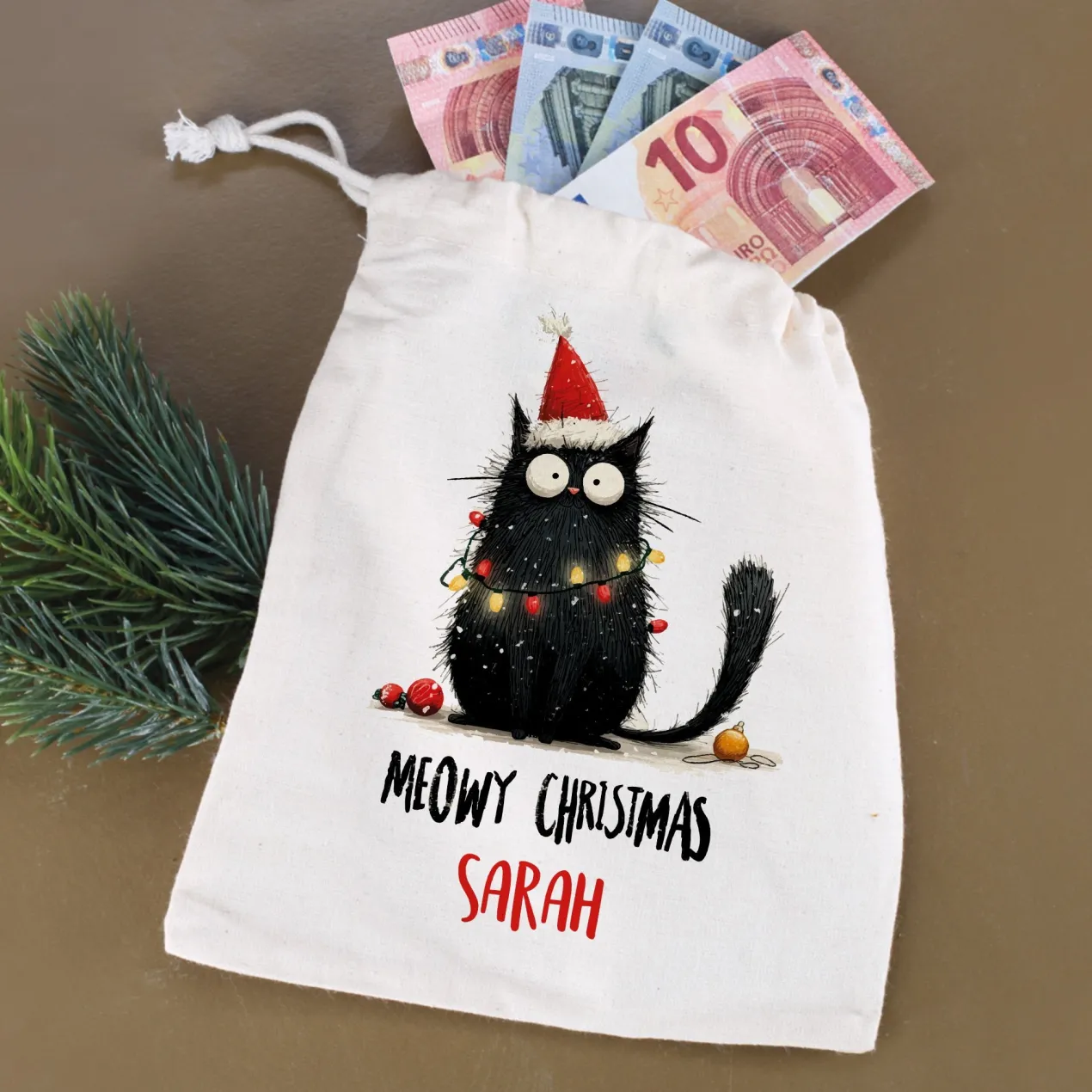 Geschenksack zu Weihnachten personalisiert mit Name | Katzen-Motiv | 3 Größen