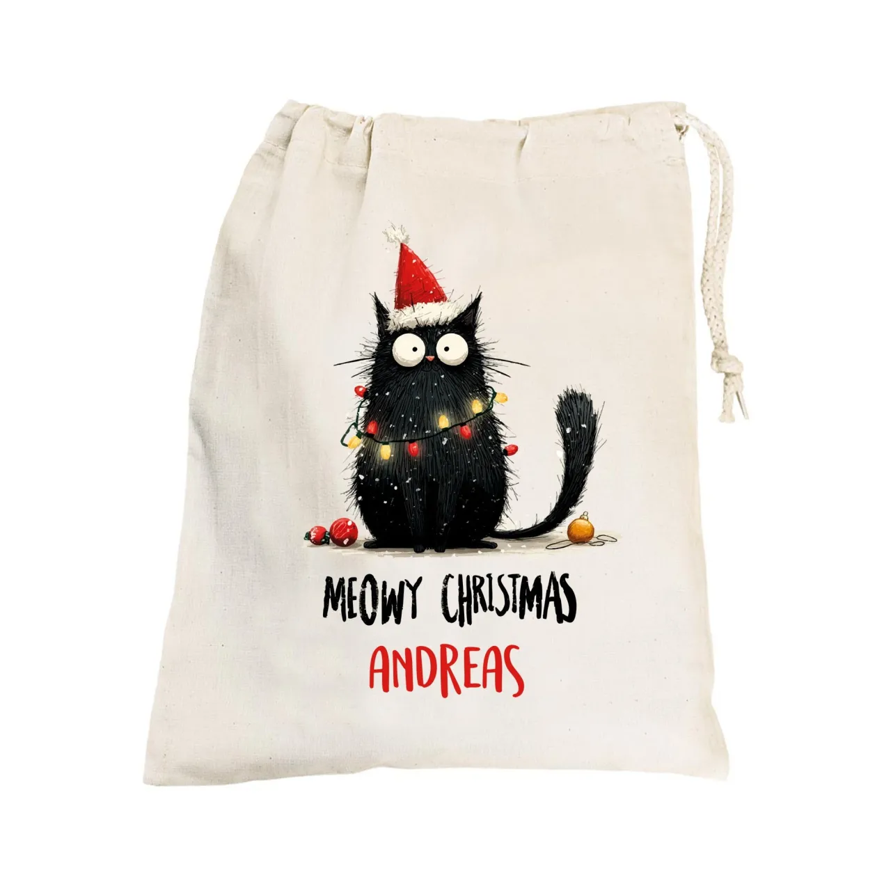 Geschenksack zu Weihnachten personalisiert mit Name | Katzen-Motiv | 3 Größen