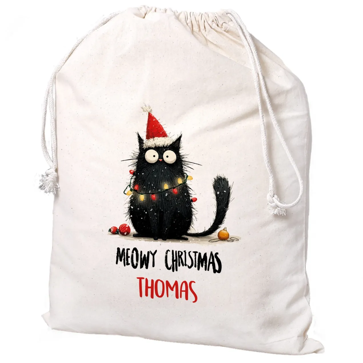 Geschenksack zu Weihnachten personalisiert mit Name | Katzen-Motiv | 3 Größen