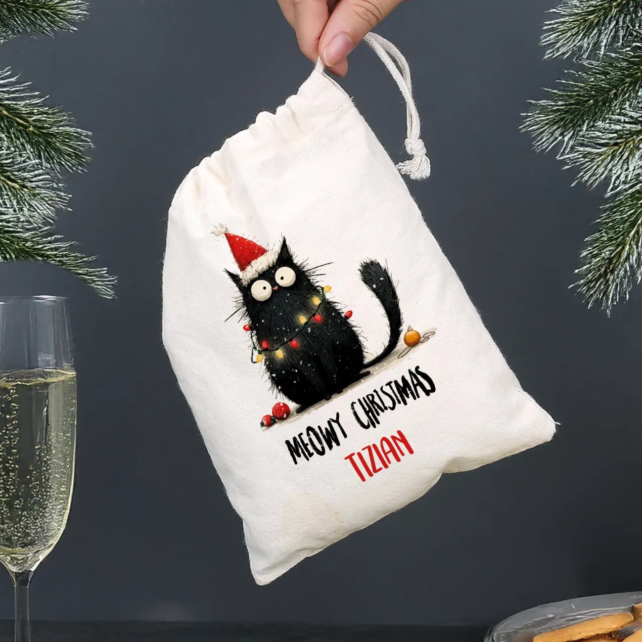 Geschenksack zu Weihnachten personalisiert mit Name | Katzen-Motiv | 3 Größen