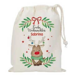 Geschenksack zu Weihnachten mit Rentiermotiv und Name