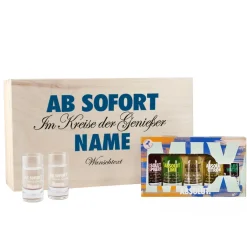Geschenk-Set aus 5 Flaschen Vodka mit 2 gravierten Vodka-Gläsern in bedruckter Holzkiste
