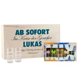 Geschenk-Set aus 5 Flaschen Vodka mit 2 gravierten Vodka-Gläsern in bedruckter Holzkiste