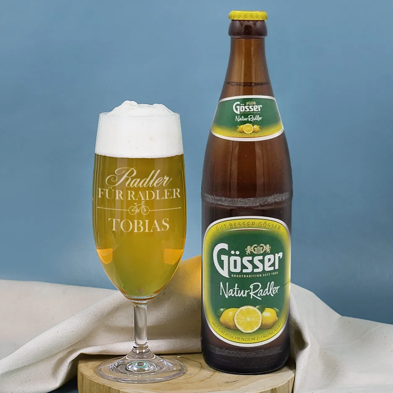 Geschenkset 'Ein Radler' personalisiert mit Name und Text mit Gösser, Bierglas & Geschenkbox