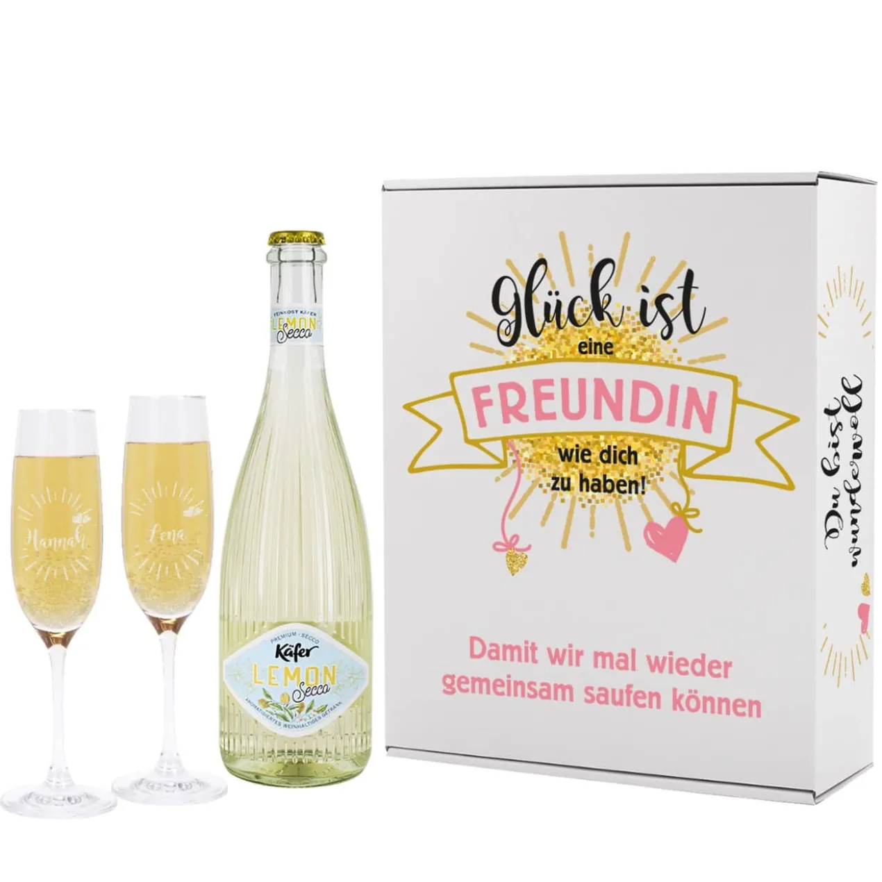 Geschenkset für die beste Freundin mit zwei Sektgläsern, einem Secco und bedruckter Pappbox