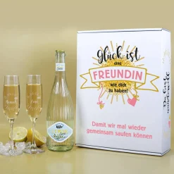 Geschenkset für die beste Freundin mit zwei Sektgläsern, einem Secco und bedruckter Pappbox