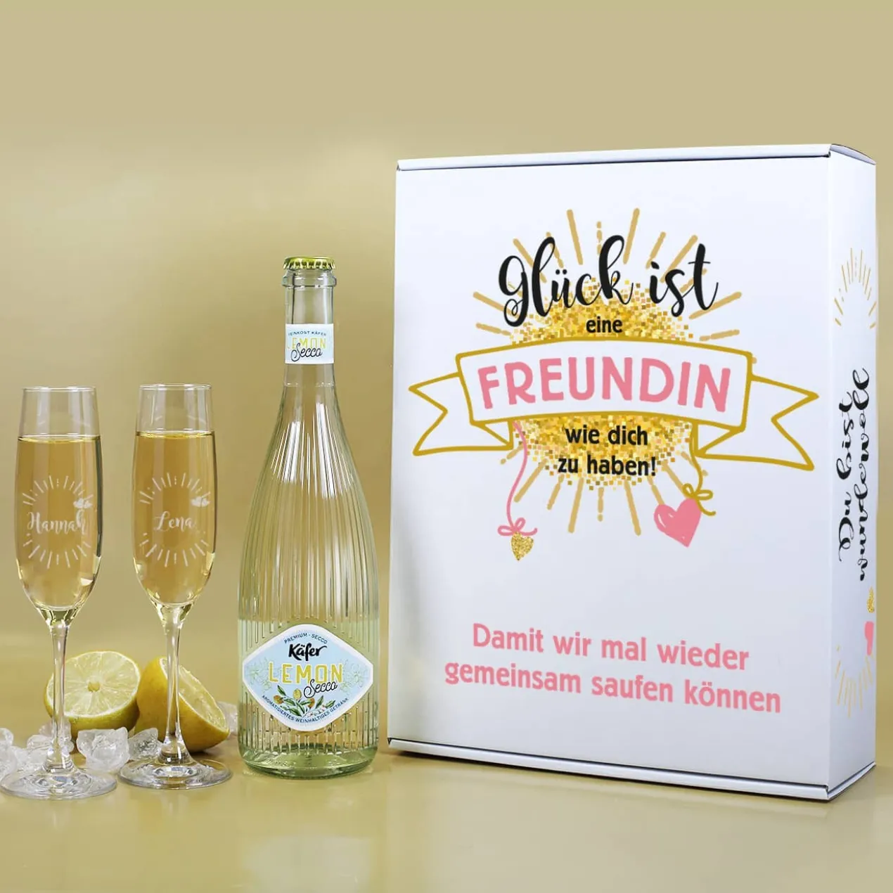 Geschenkset für die beste Freundin mit zwei Sektgläsern, einem Secco und bedruckter Pappbox