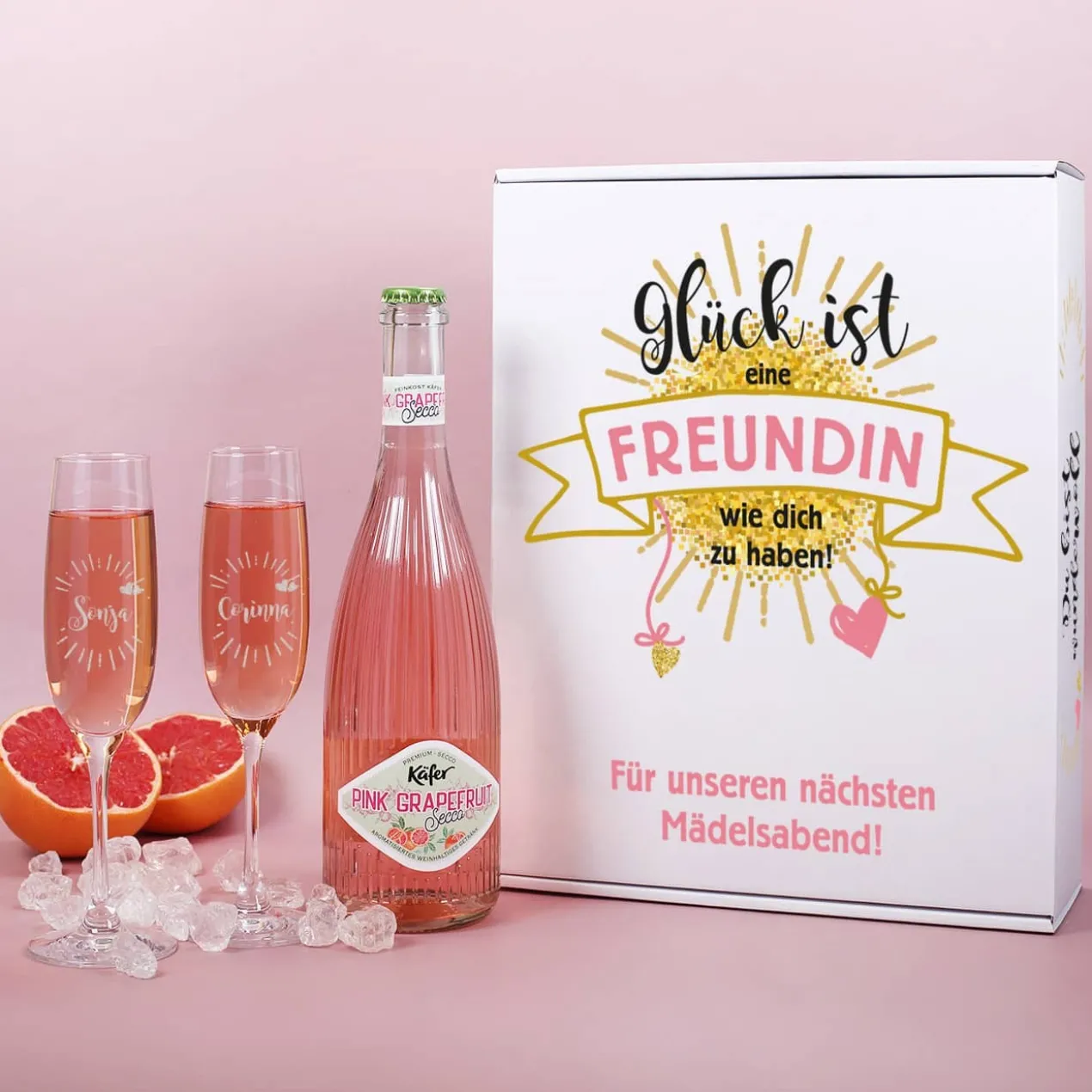 Geschenkset für die beste Freundin mit zwei Sektgläsern, einem Secco und bedruckter Pappbox