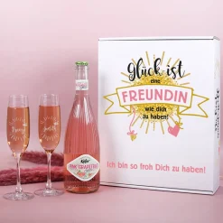 Geschenkset für die beste Freundin mit zwei Sektgläsern, einem Secco und bedruckter Pappbox
