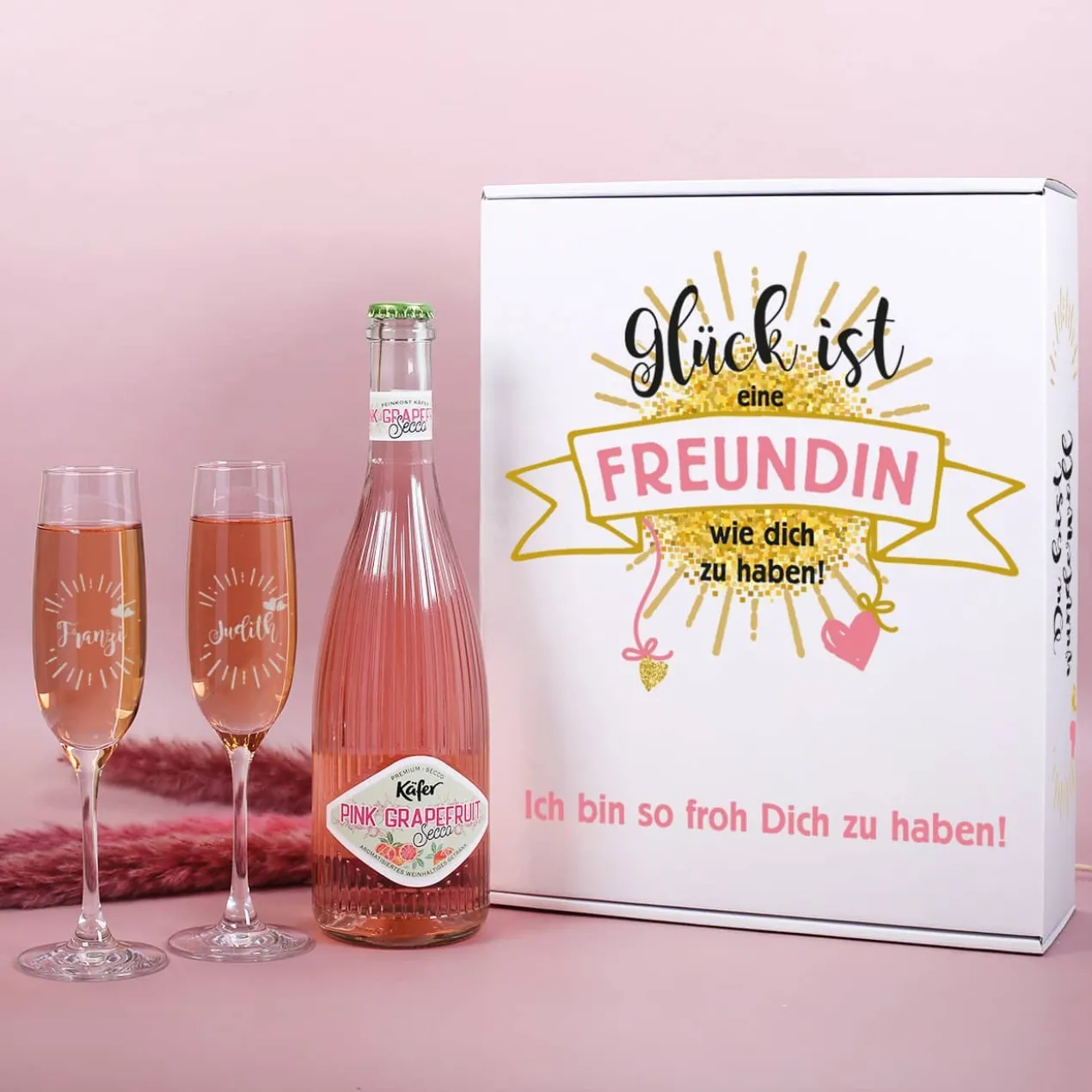 Geschenkset für die beste Freundin mit zwei Sektgläsern, einem Secco und bedruckter Pappbox