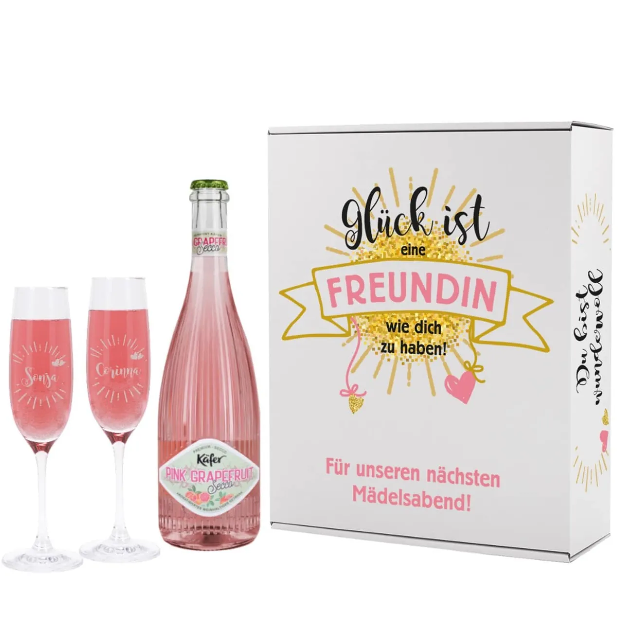 Geschenkset für die beste Freundin mit zwei Sektgläsern, einem Secco und bedruckter Pappbox