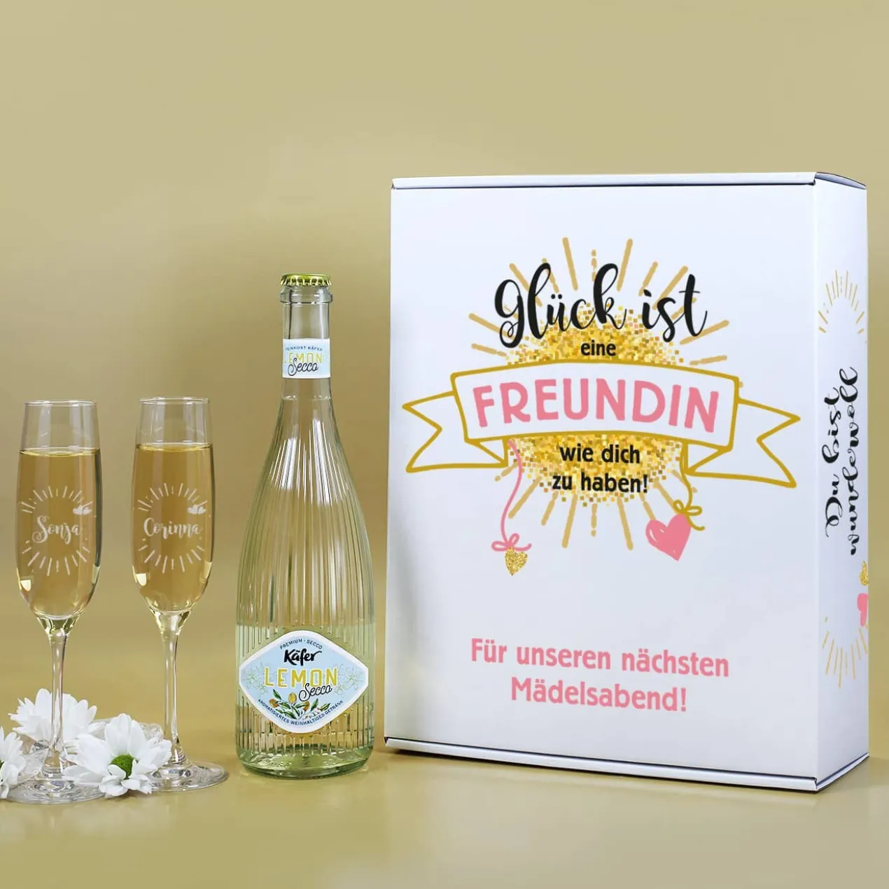 Geschenkset für die beste Freundin mit zwei Sektgläsern, einem Secco und bedruckter Pappbox