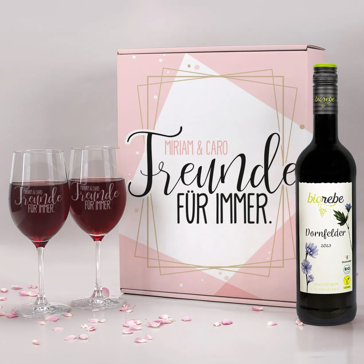 Geschenkset "Freunde für immer" in personalisierter Geschenkbox mit Biorebe-Wein und Gläsern