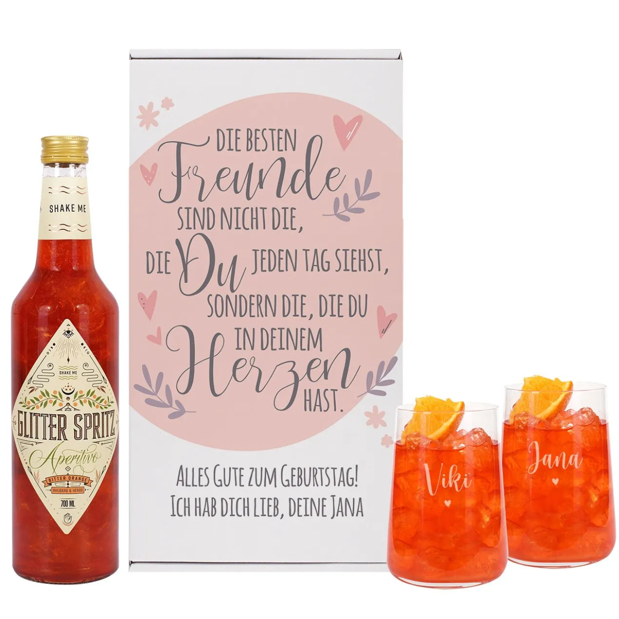 Geschenkset für Freundinnen mit Glitter Spritz oder Campari und zwei Gläsern