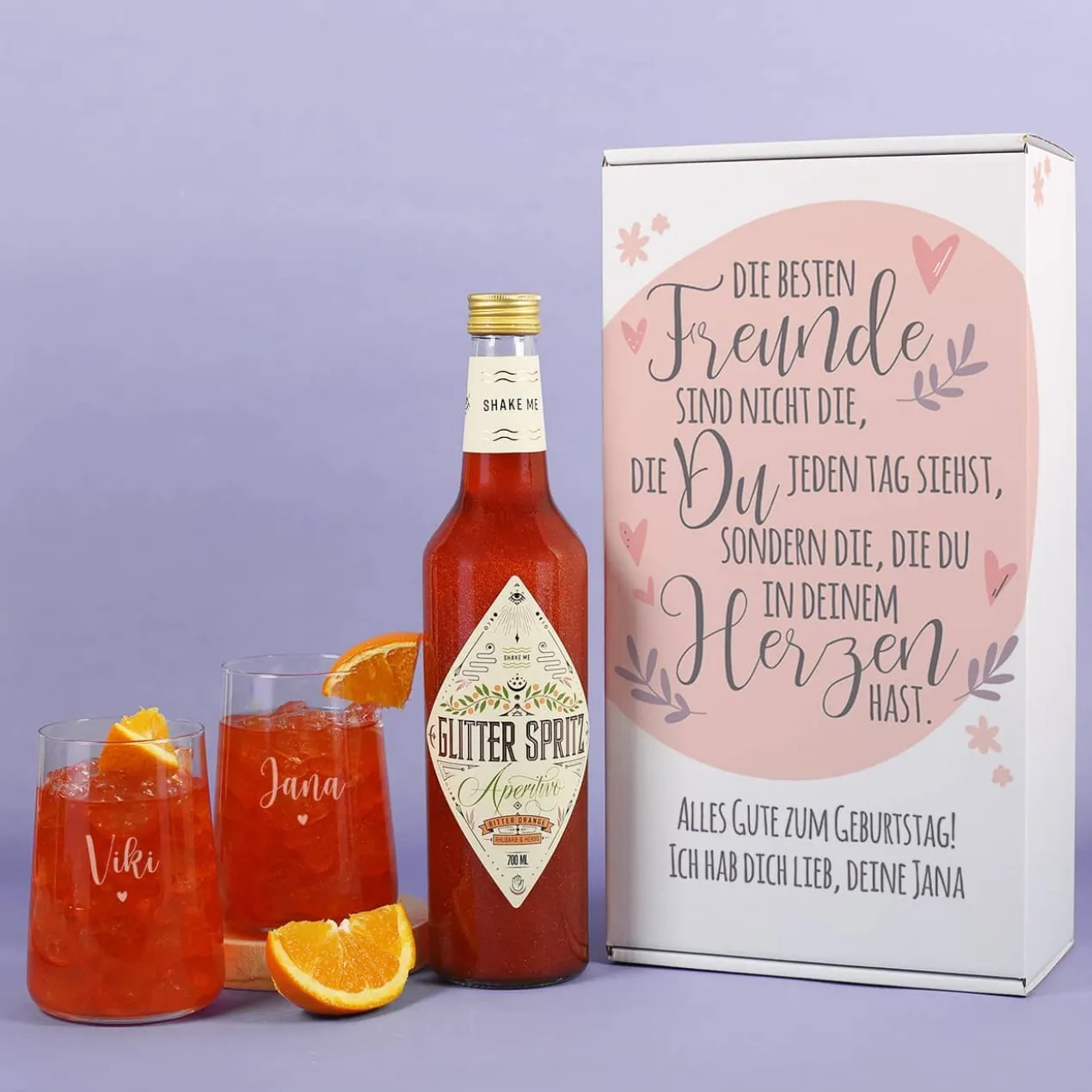 Geschenkset für Freundinnen mit Glitter Spritz oder Campari und zwei Gläsern