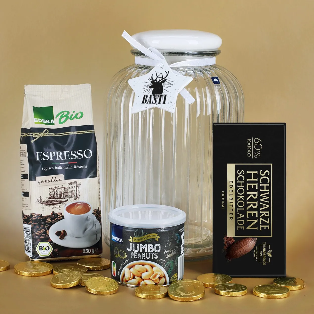 Geschenkset für Männer zu Weihnachten - Espresso, Schokolade und Nüsse in XL Glasdose