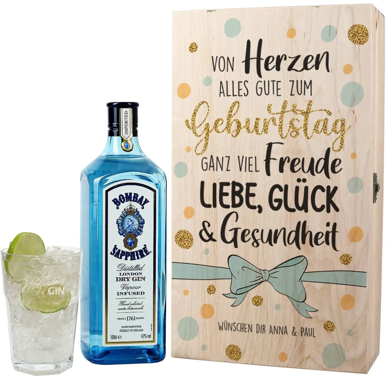 Geschenkset - Gin - zum Geburtstag mit graviertem Glas