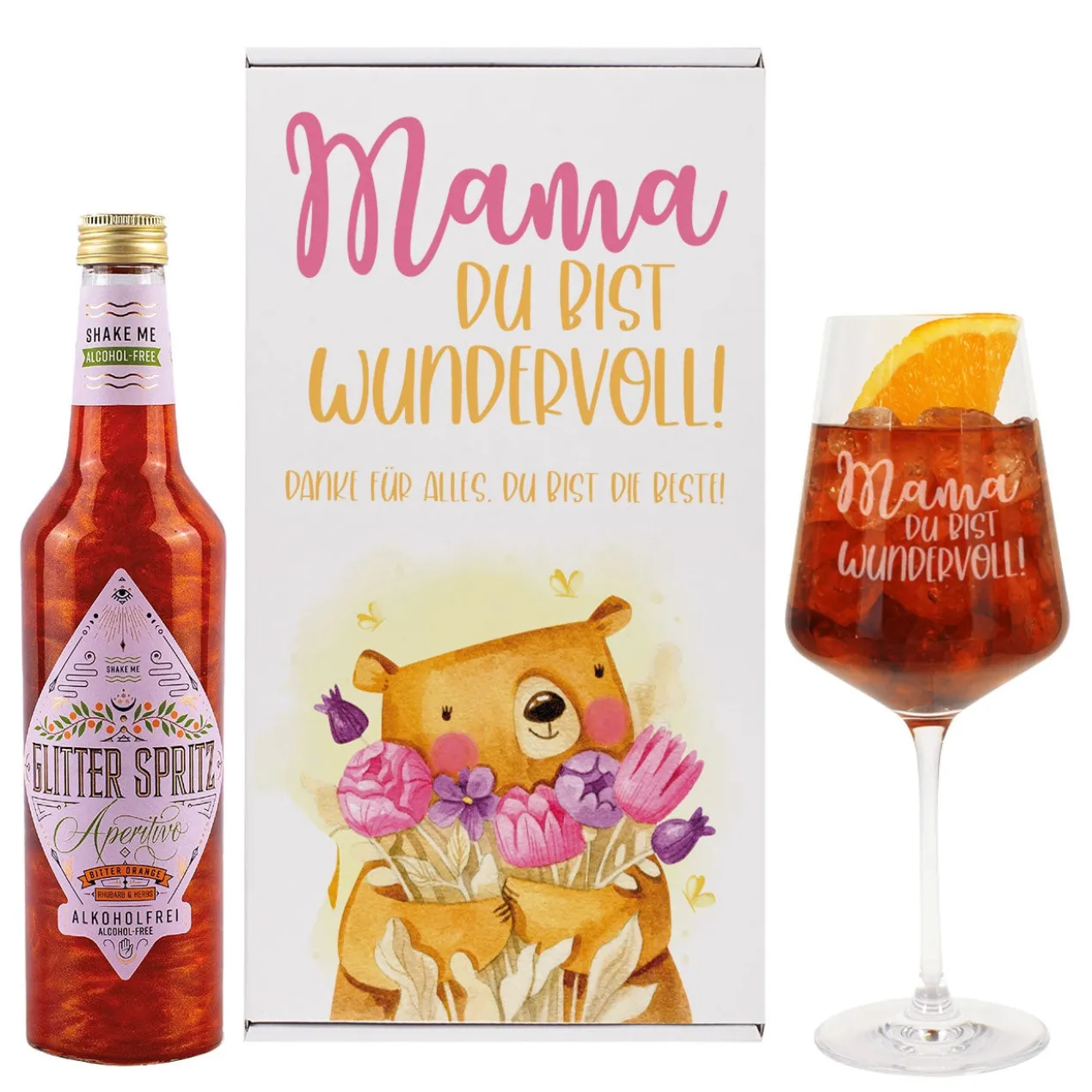 Geschenkset 'Mamabär' zum Muttertag mit Glas & Aperitif nach Wahl - personalisiert