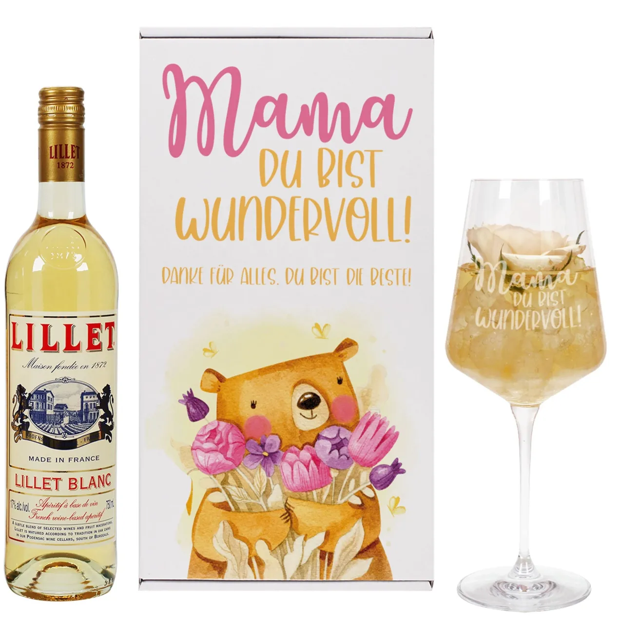 Geschenkset 'Mamabär' zum Muttertag mit Glas & Aperitif nach Wahl - personalisiert