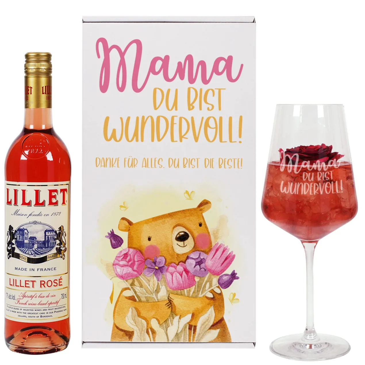 Geschenkset 'Mamabär' zum Muttertag mit Glas & Aperitif nach Wahl - personalisiert