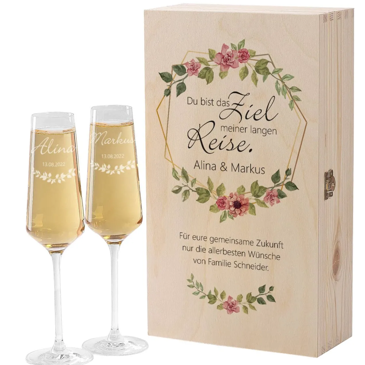 Geschenkset mit Holzbox und zwei Sektgläsern zur Hochzeit