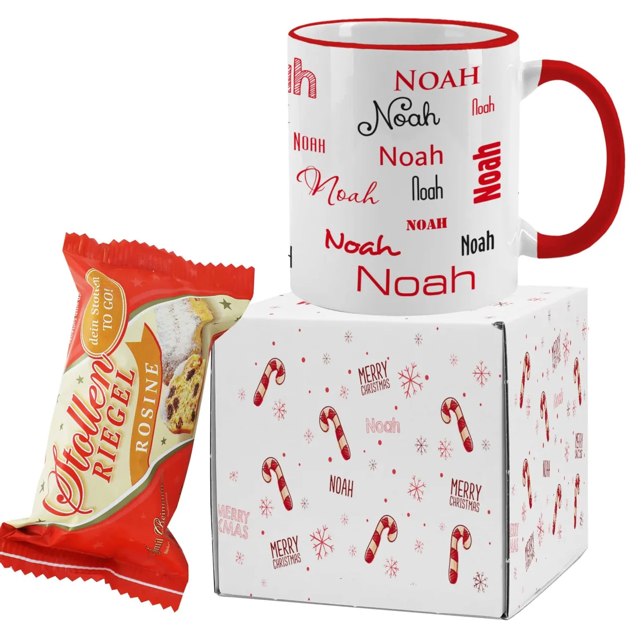 Geschenkset mit personalisierter Tasse und kleinen Christstollen mit weihnachtlichen Zuckerstangen-M