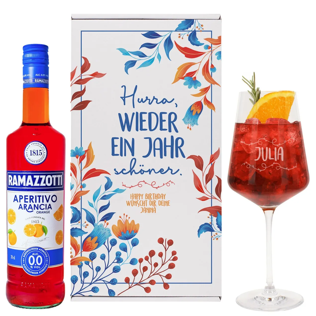 Geschenkset mit Ramazzotti alkoholfrei, Aperitif-Glas & Geschenkbox | Wieder ein Jahr schöner