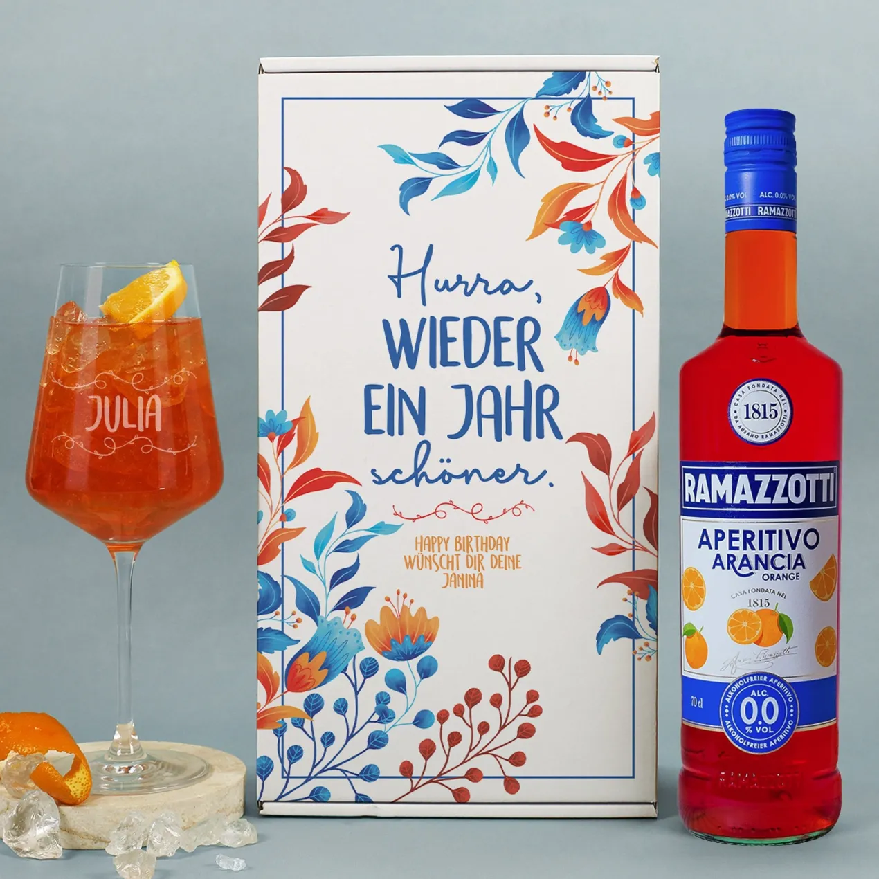 Geschenkset mit Ramazzotti alkoholfrei, Aperitif-Glas & Geschenkbox | Wieder ein Jahr schöner