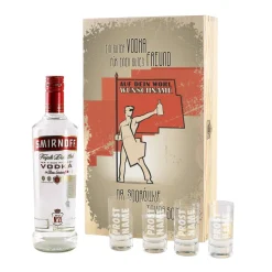 Geschenk-Set mit Smirnoff Vodka und 4 Vodkagläser in bedruckter Holzkiste
