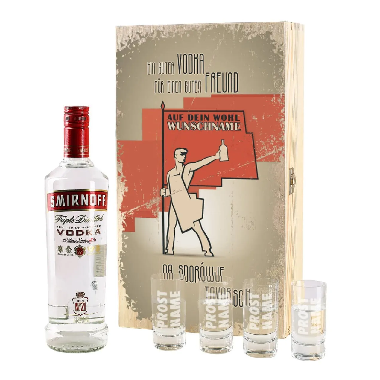 Geschenk-Set mit Smirnoff Vodka und 4 Vodkagläser in bedruckter Holzkiste