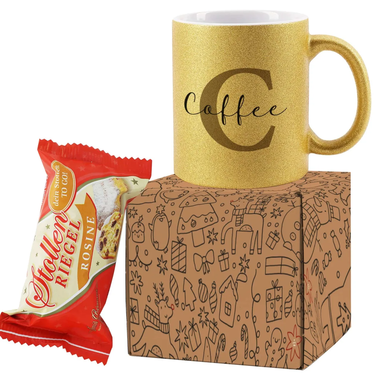 Geschenkset mit weihnachtlichen Doodle als Motiv, eine personalisierte Tasse und ein kleiner Stollen