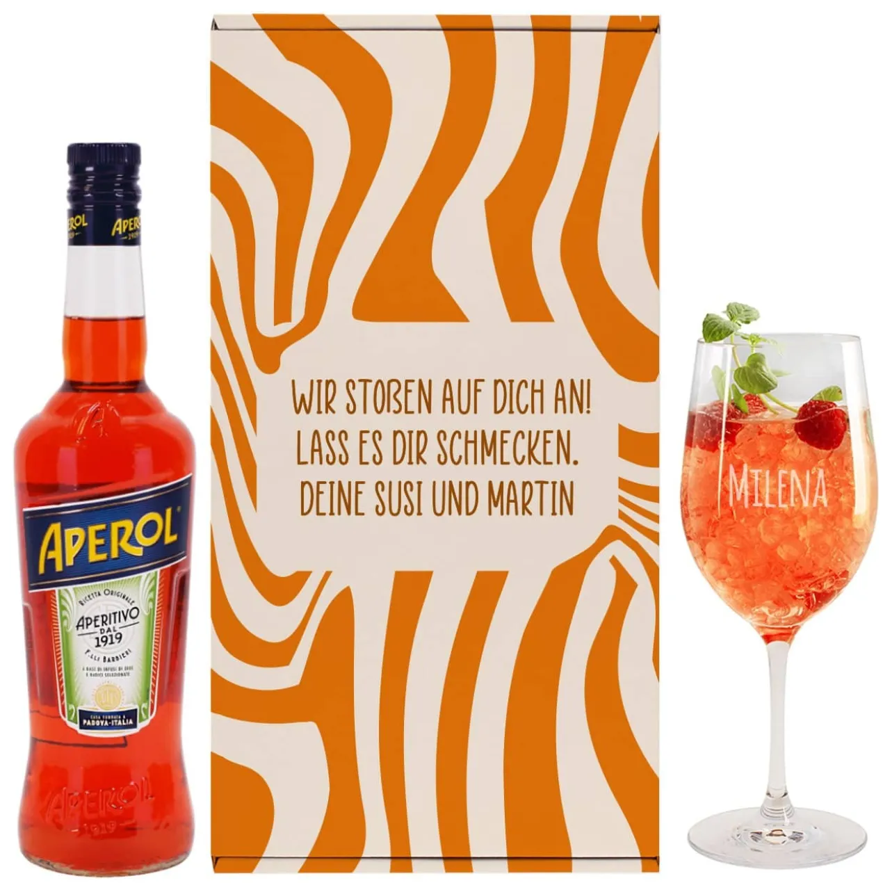Geschenkset mit Weinglas und Aperol mit Wunschtext und Name graviert